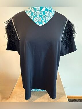 NWOT - JOH Women's Black Feather-Trim V-Neck Top